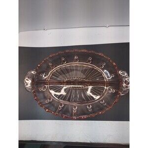Vintage Pink Depression Glass Divided Relish Dish Tray Oval Scalloped Handles